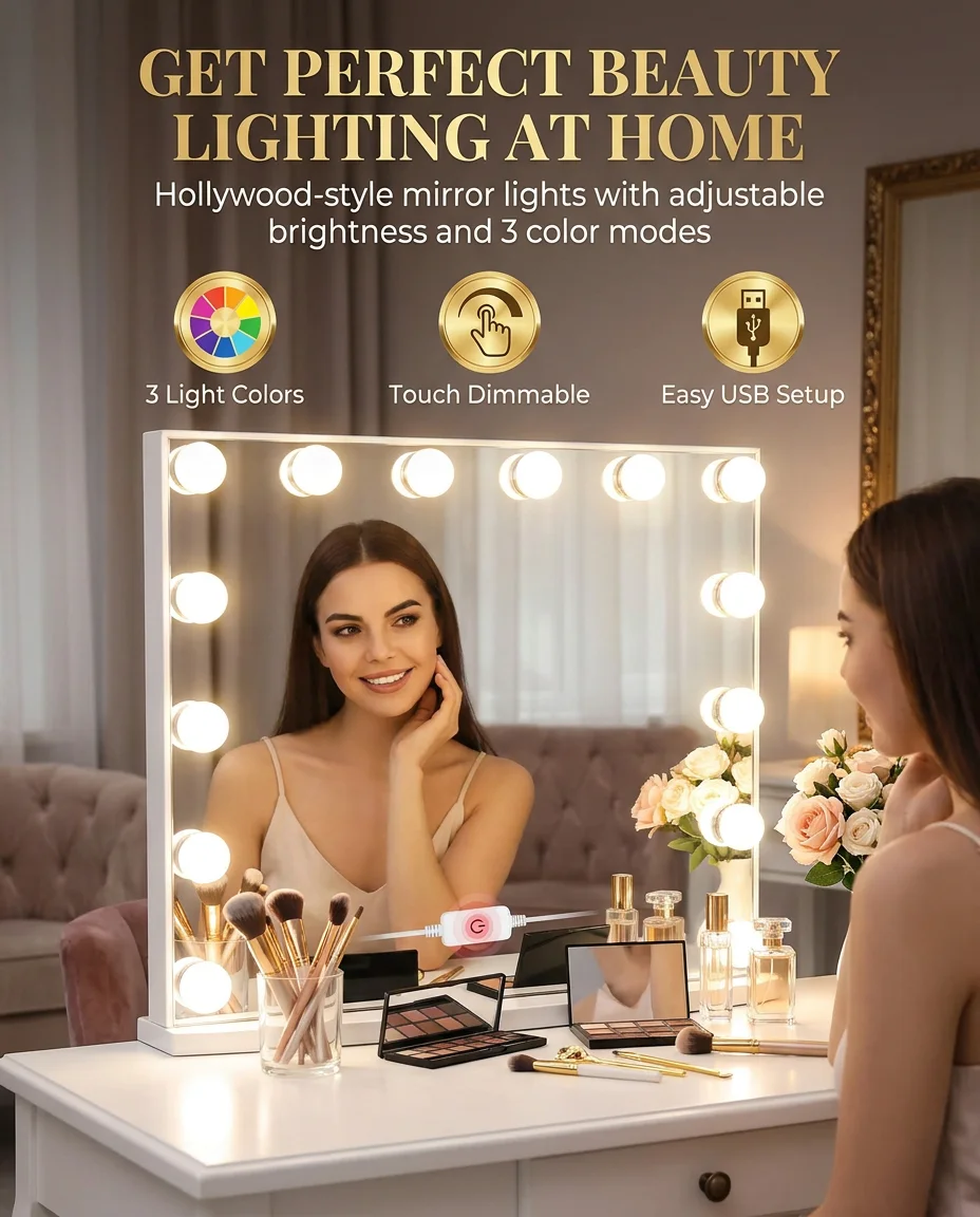 Hollywood Vanity Mirror Lights – Makeup LED Lights with 3 Color Modes