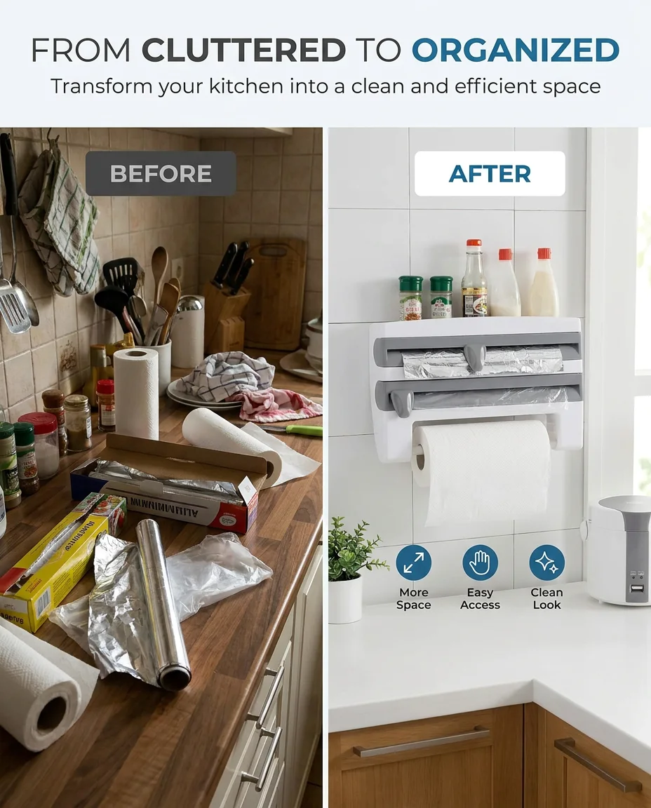 3-in-1 Kitchen Wrap Dispenser with Tissue Holder
