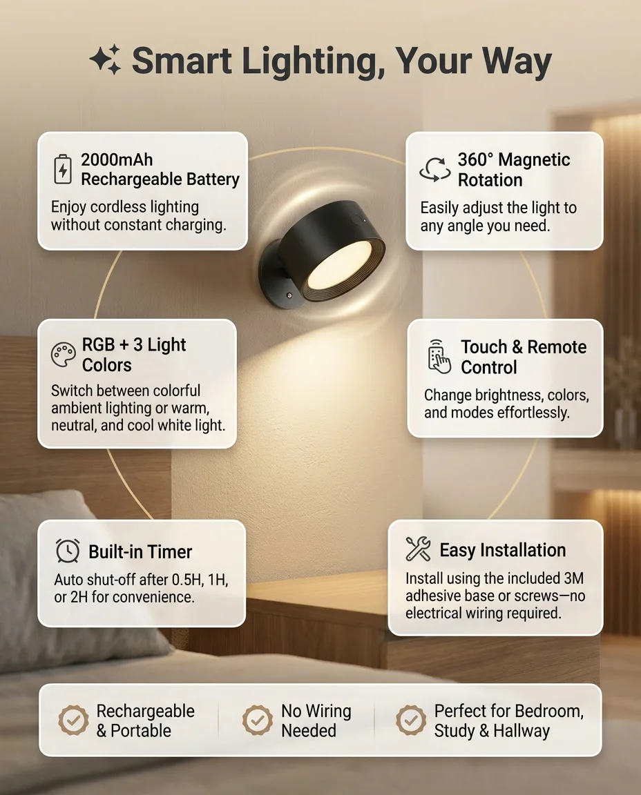 Rechargeable Magnetic LED Wall Light – 360° Rotating, Touch & Remote Control, USB Rechargeable