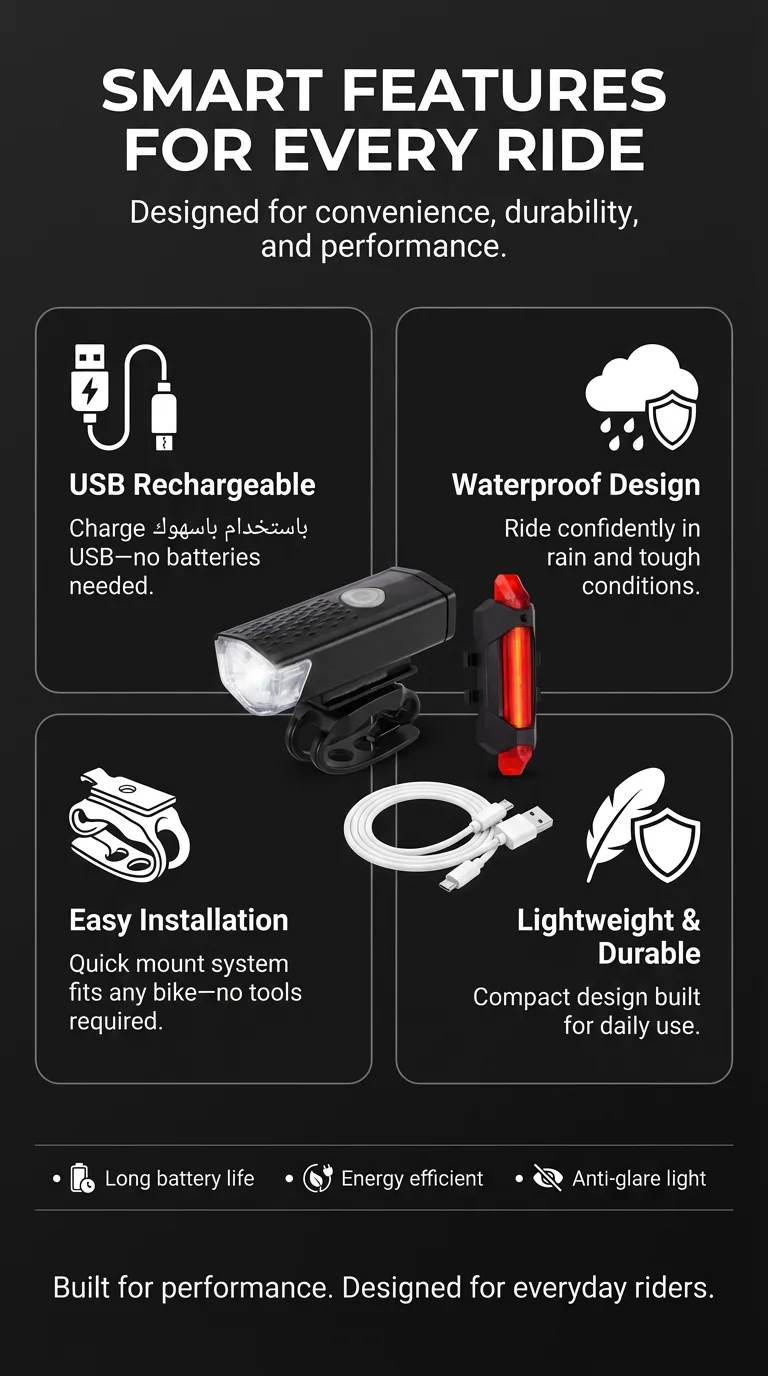 Ultra Bright USB Rechargeable Bike Light Set – Front & Rear Waterproof Cycling Lights