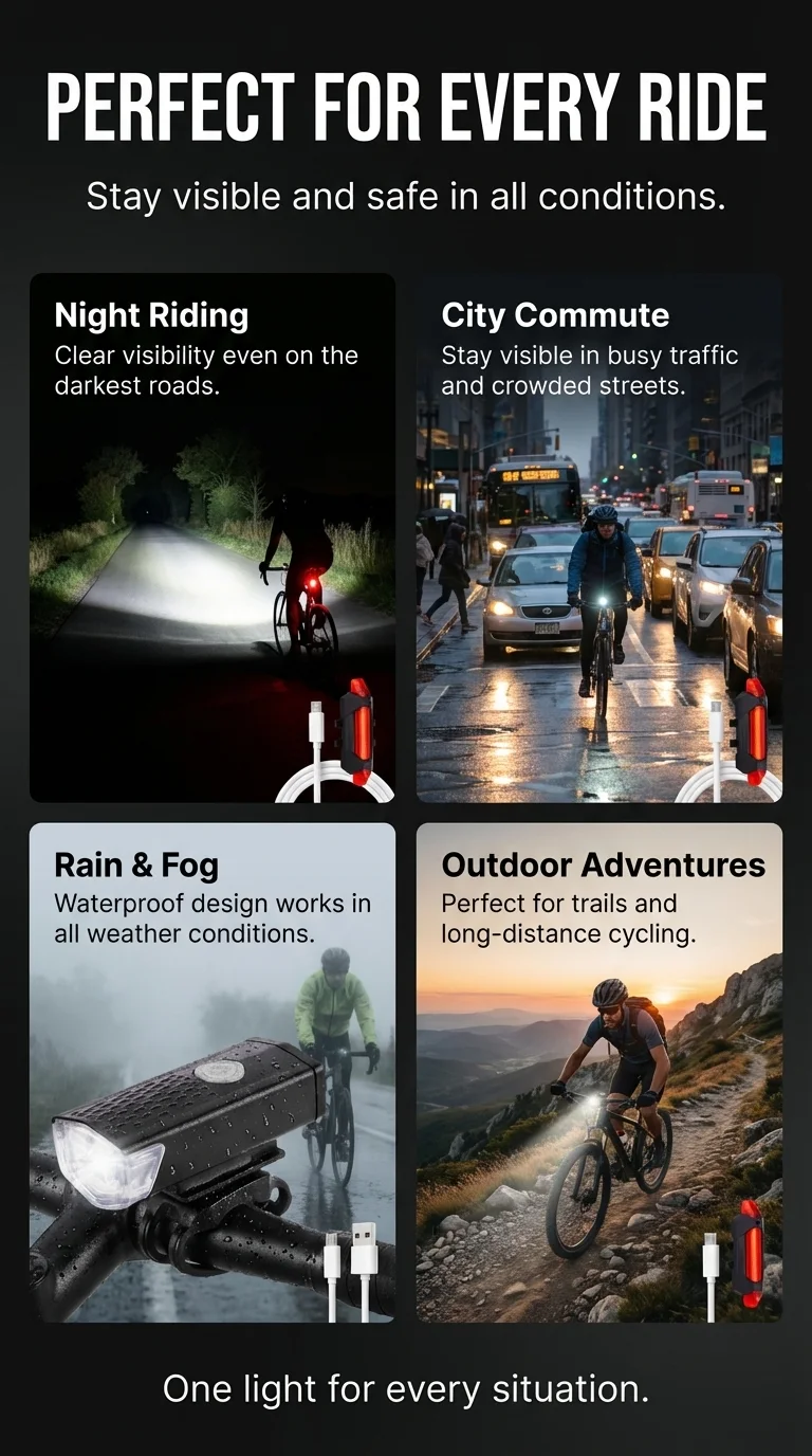 Ultra Bright USB Rechargeable Bike Light Set – Front & Rear Waterproof Cycling Lights