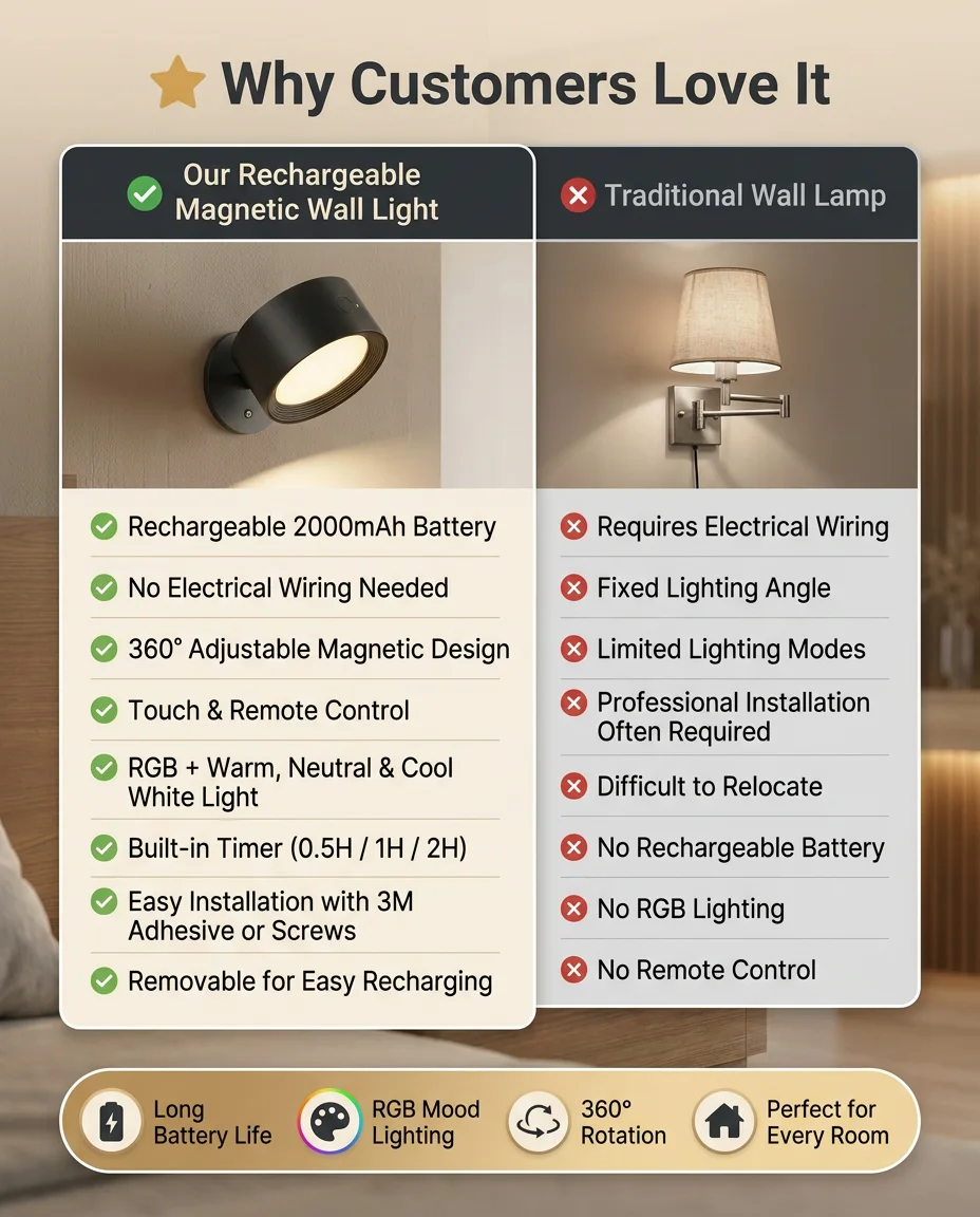 Rechargeable Magnetic LED Wall Light – 360° Rotating, Touch & Remote Control, USB Rechargeable