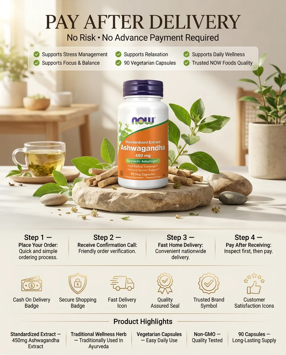 NOW Foods Ashwagandha 450mg | Msaada wa Asili kwa Utulivu na Ustawi wa Kila Siku | π Lipa Ukipokea Tanzania Nzima
