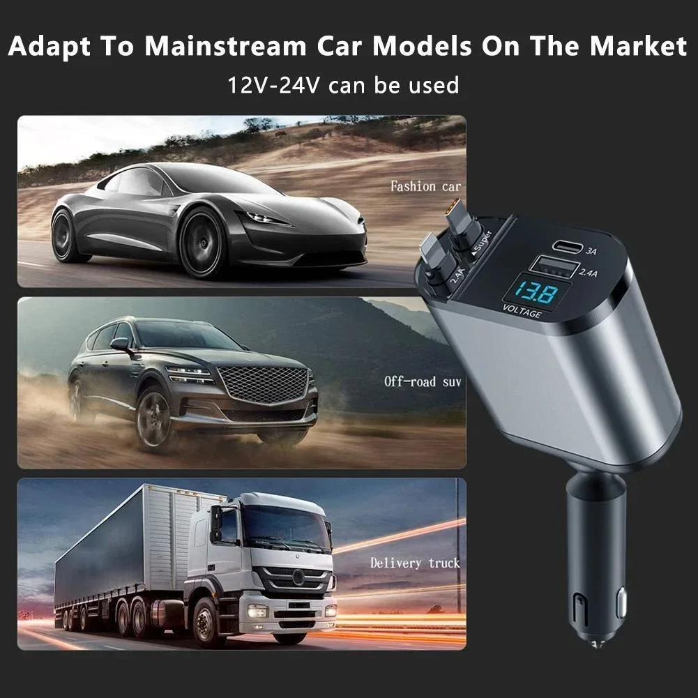 All-in-One Car Charger โ 2 Retractable Cables + USB & Type-C Ports