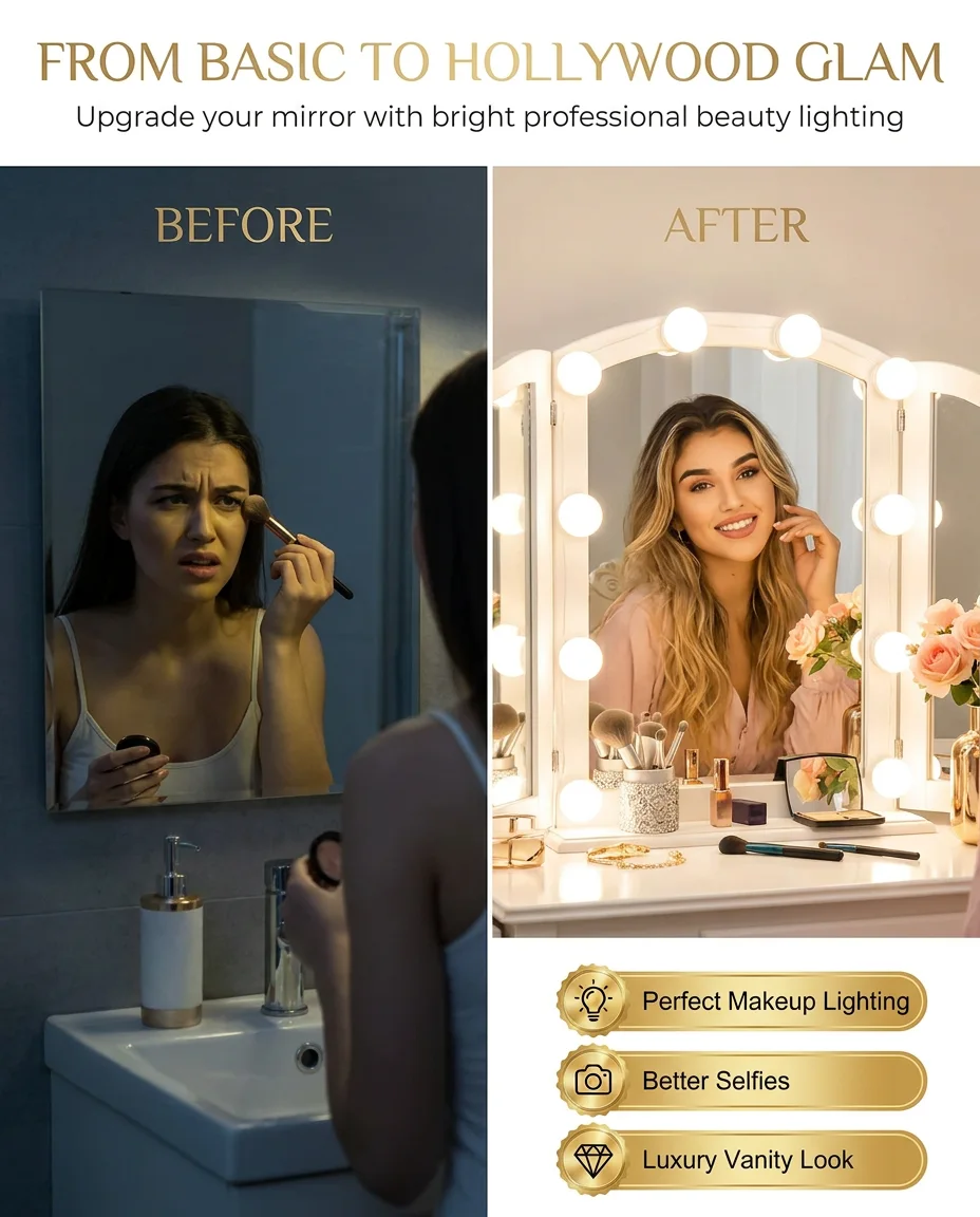 Hollywood Vanity Mirror Lights – Makeup LED Lights with 3 Color Modes