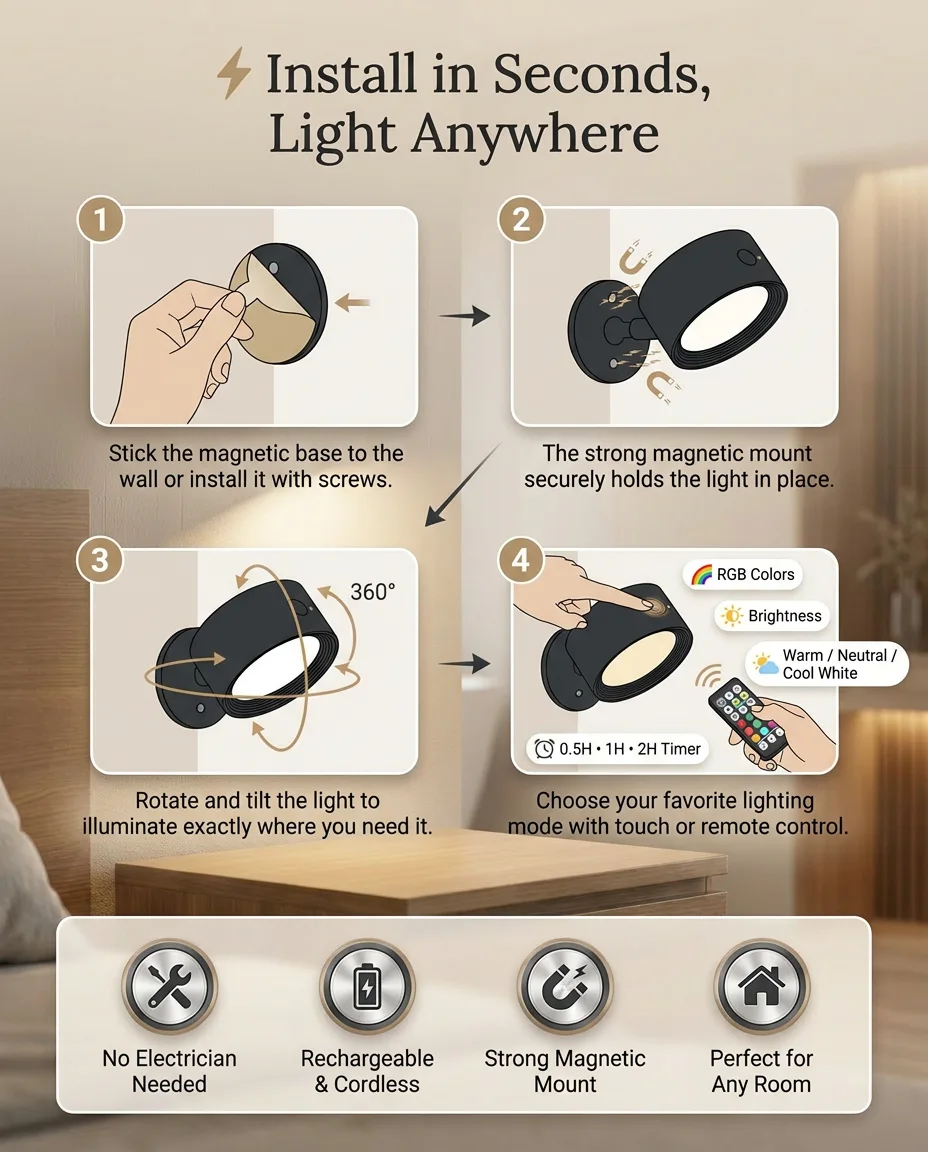 Rechargeable Magnetic LED Wall Light – 360° Rotating, Touch & Remote Control, USB Rechargeable