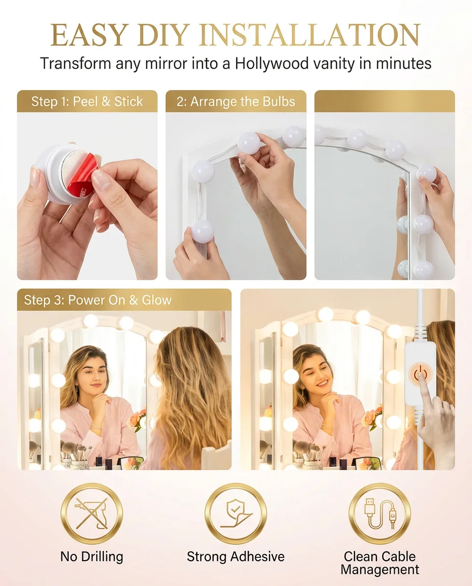 Hollywood Vanity Mirror Lights – Makeup LED Lights with 3 Color Modes