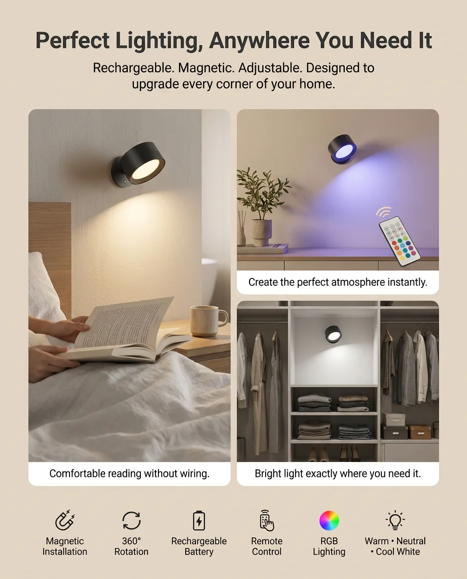 Rechargeable Magnetic LED Wall Light – 360° Rotating, Touch & Remote Control, USB Rechargeable