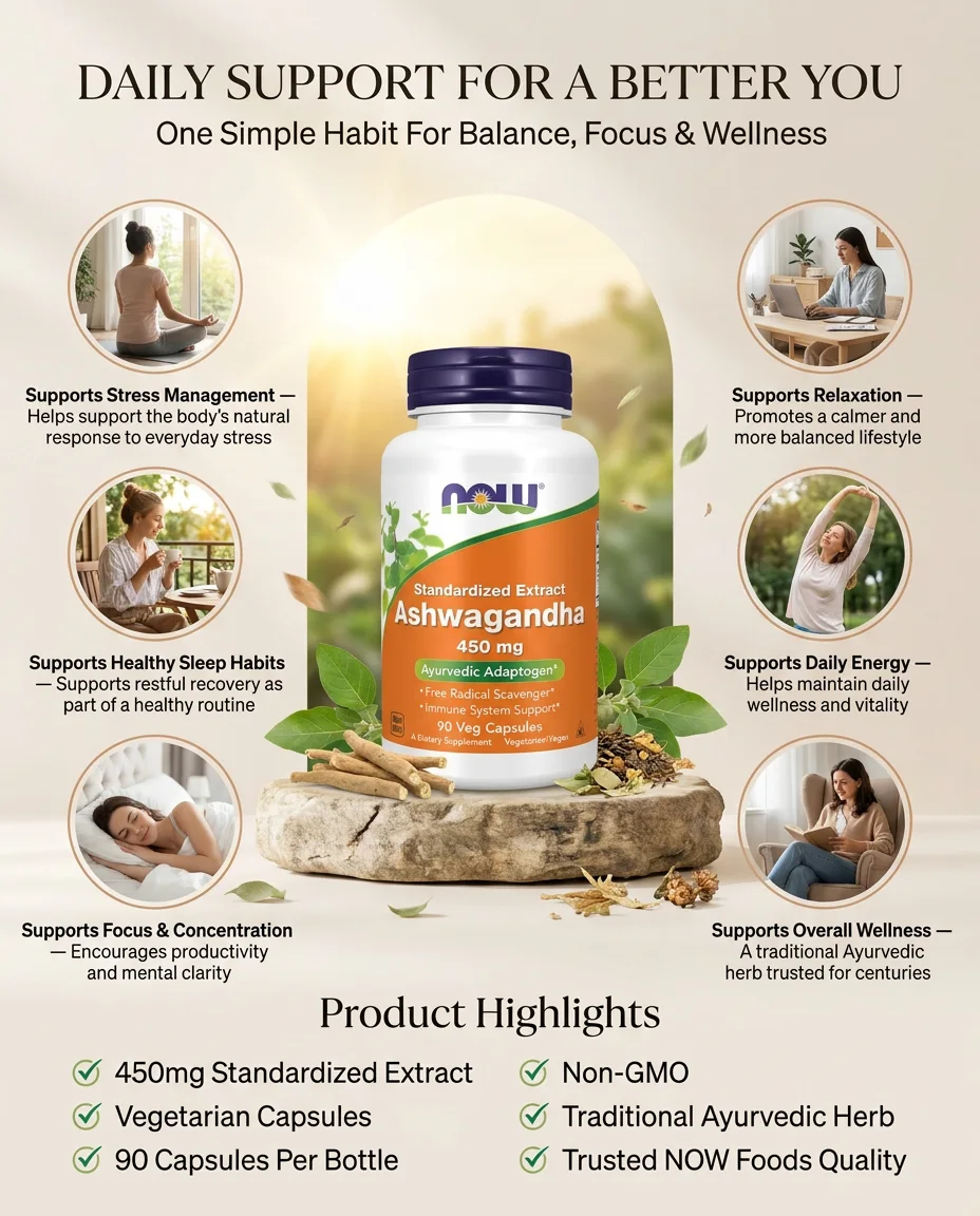 NOW Foods Ashwagandha 450mg | Msaada wa Asili kwa Utulivu na Ustawi wa Kila Siku | π Lipa Ukipokea Tanzania Nzima