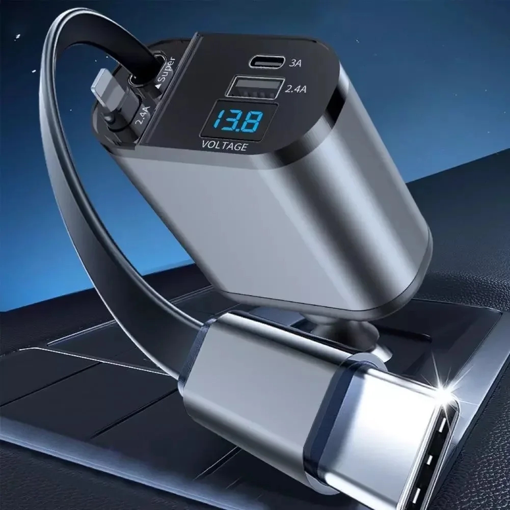 All-in-One Car Charger โ 2 Retractable Cables + USB & Type-C Ports