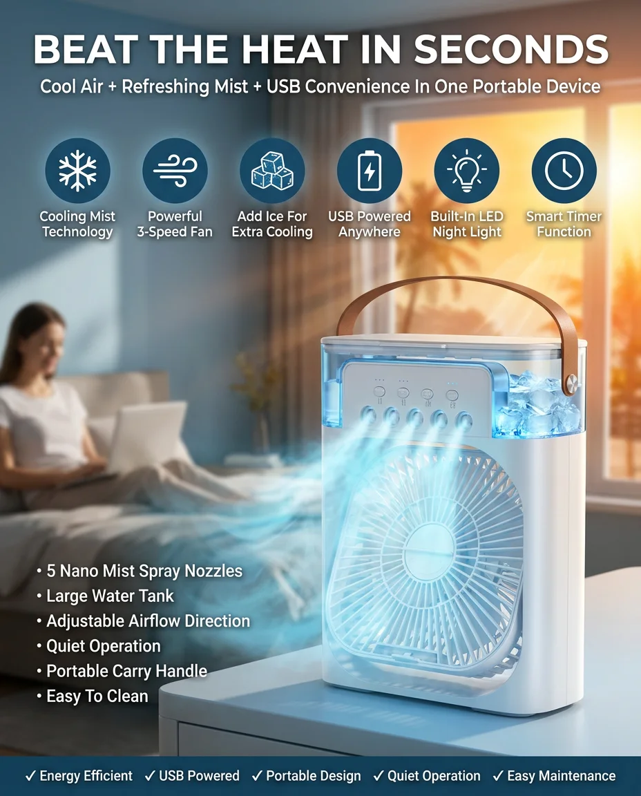 Portable USB Air Cooler Fan with 5 Mist Sprays