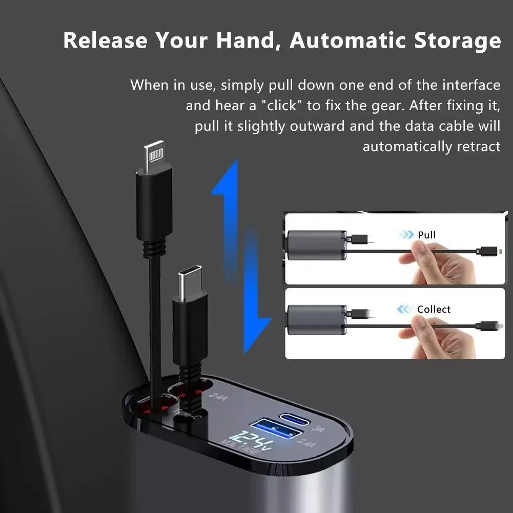 All-in-One Car Charger โ 2 Retractable Cables + USB & Type-C Ports