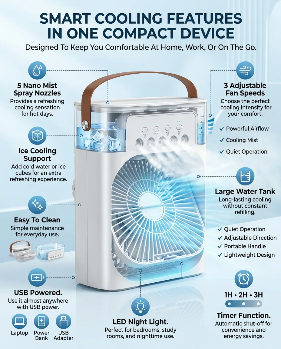 Portable USB Air Cooler Fan with 5 Mist Sprays