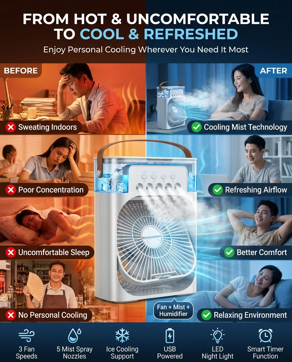 Portable USB Air Cooler Fan with 5 Mist Sprays