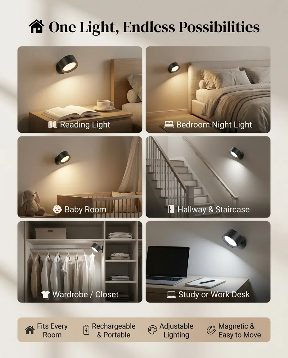 Rechargeable Magnetic LED Wall Light – 360° Rotating, Touch & Remote Control, USB Rechargeable