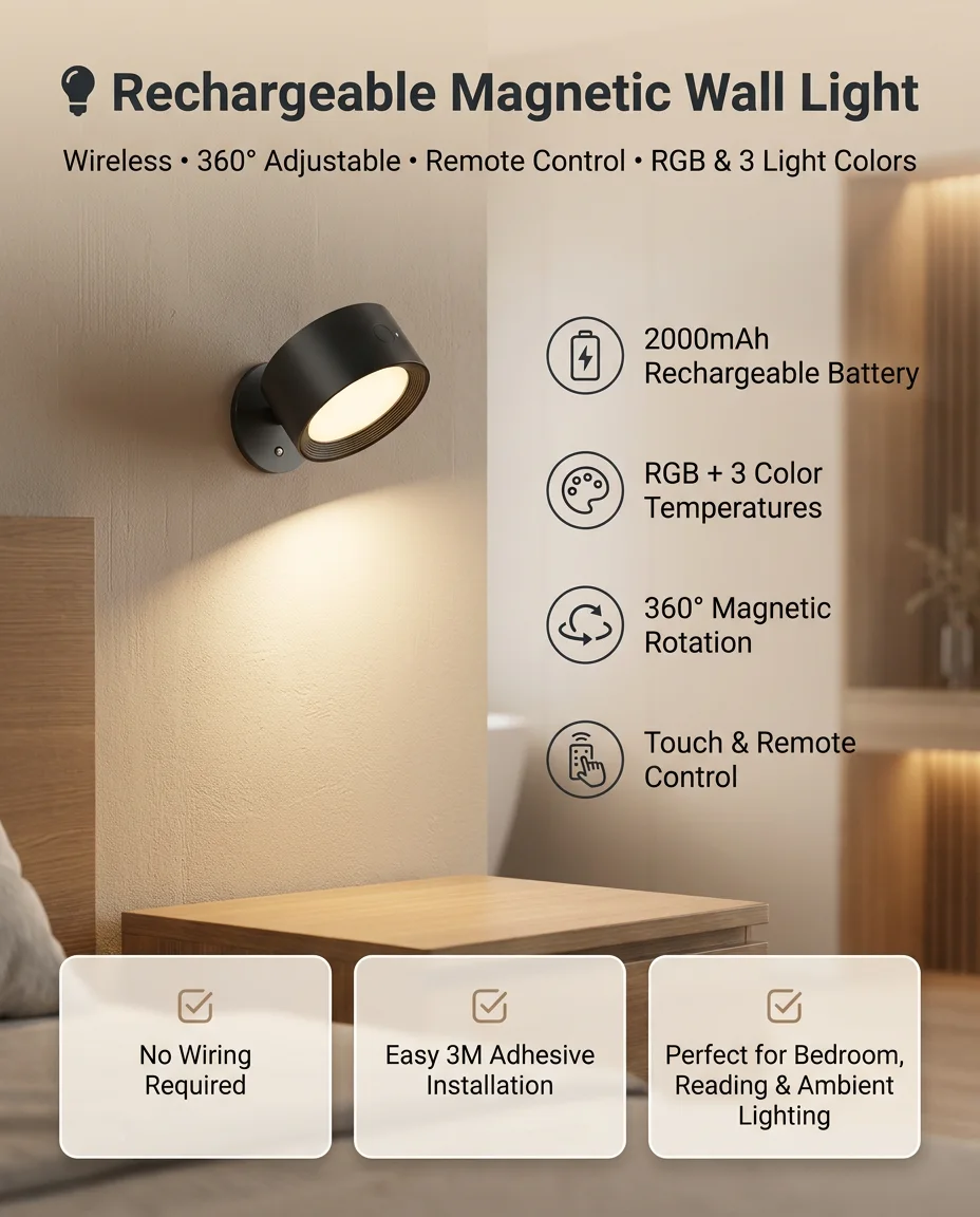Rechargeable Magnetic LED Wall Light – 360° Rotating, Touch & Remote Control, USB Rechargeable