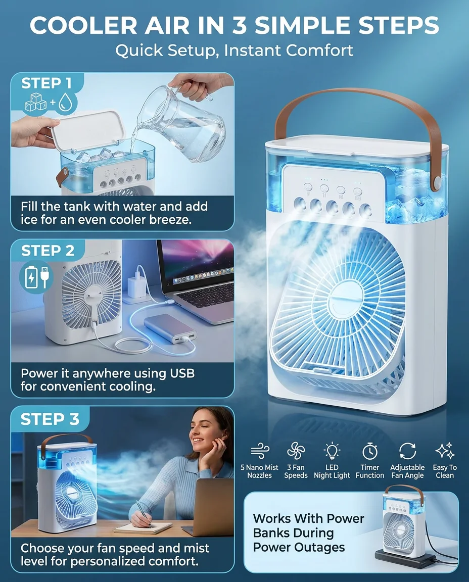 Portable USB Air Cooler Fan with 5 Mist Sprays