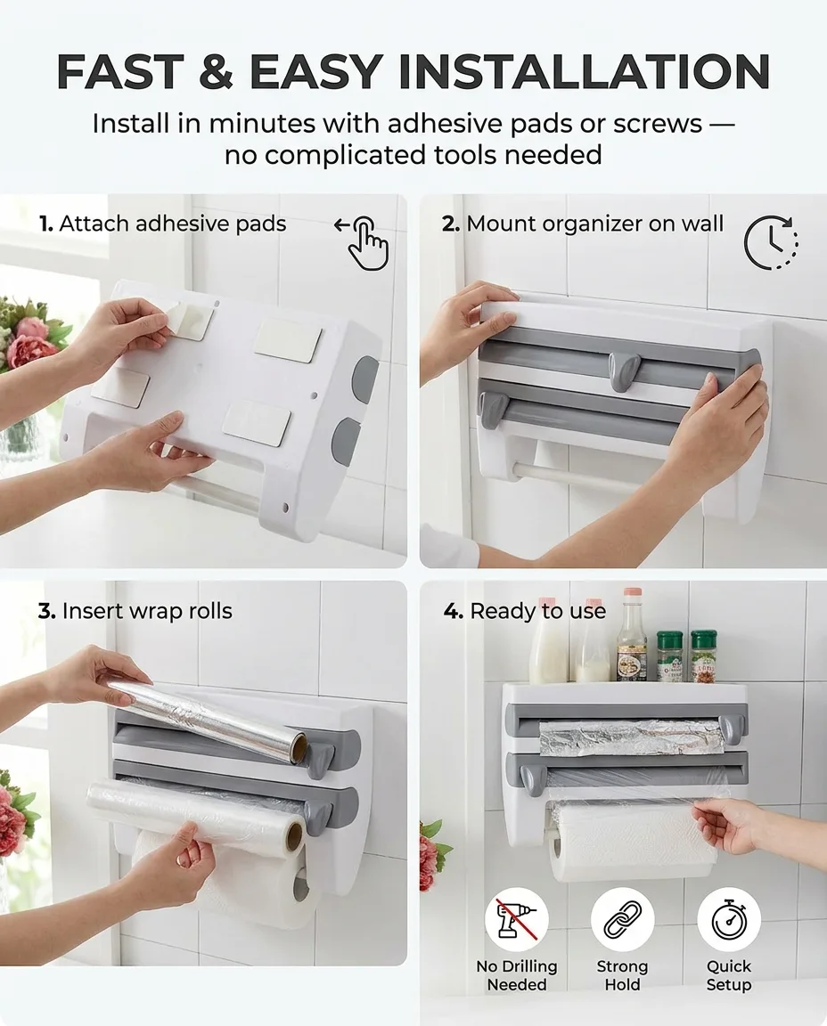 3-in-1 Kitchen Wrap Dispenser with Tissue Holder