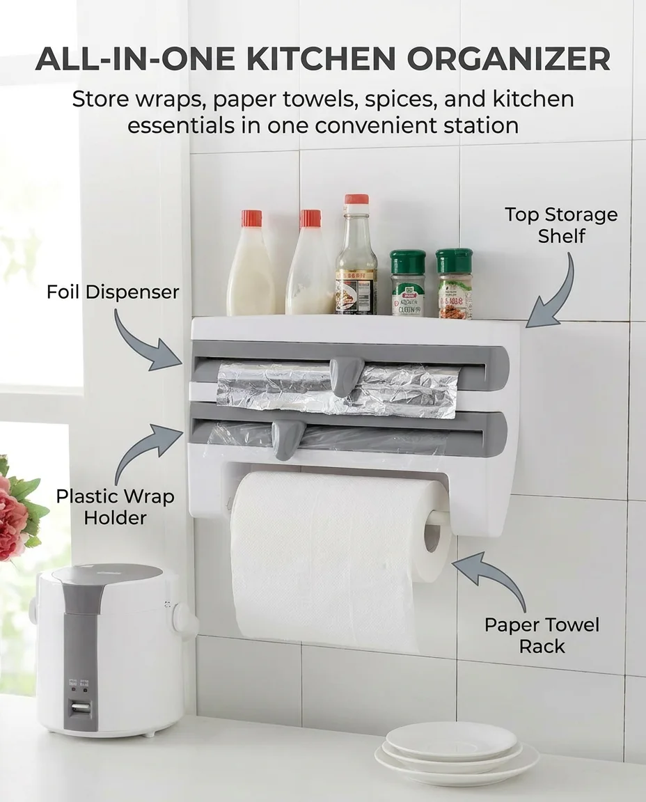 3-in-1 Kitchen Wrap Dispenser with Tissue Holder