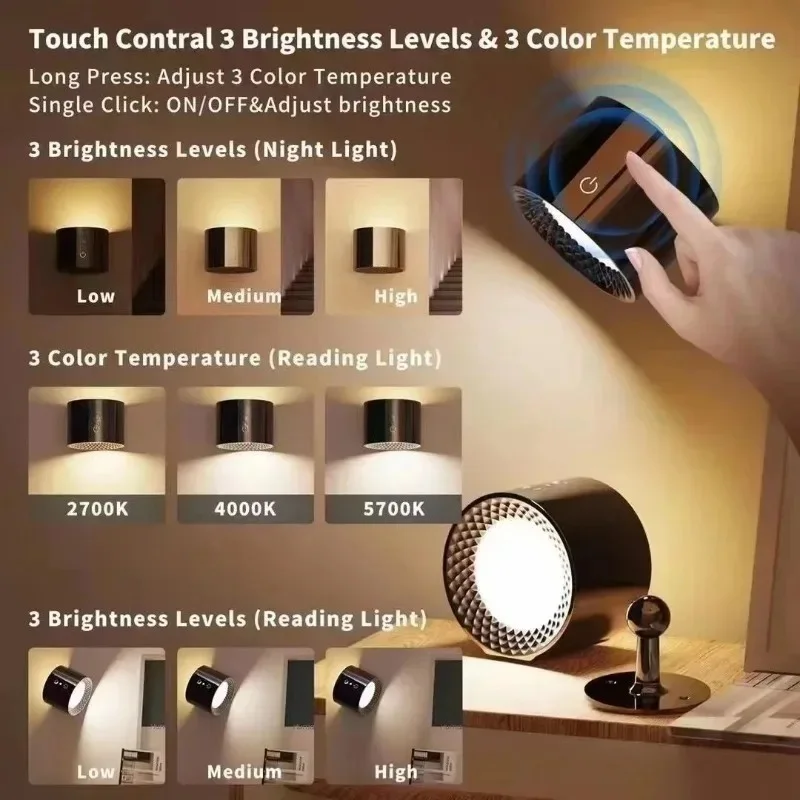 Rechargeable Magnetic LED Wall Light – 360° Rotating, Touch & Remote Control, USB Rechargeable