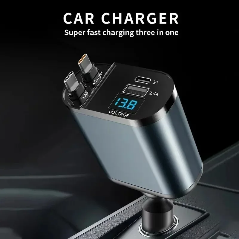 All-in-One Car Charger – 2 Retractable Cables + USB & Type-C Ports