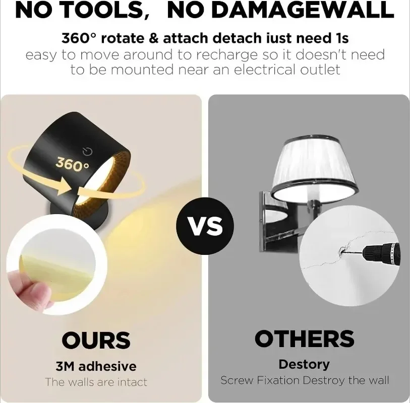Rechargeable Magnetic LED Wall Light – 360° Rotating, Touch & Remote Control, USB Rechargeable