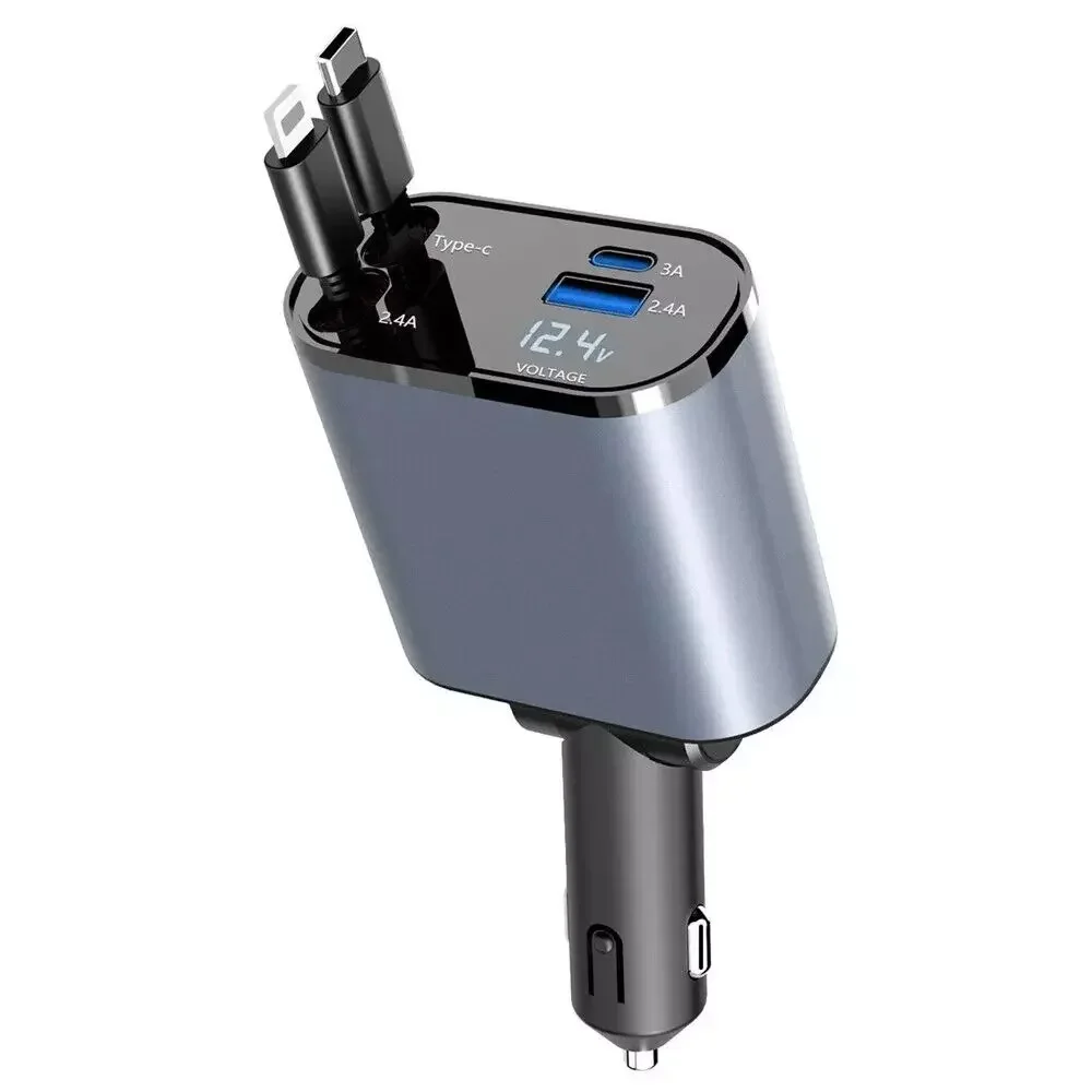 All-in-One Car Charger – 2 Retractable Cables + USB & Type-C Ports