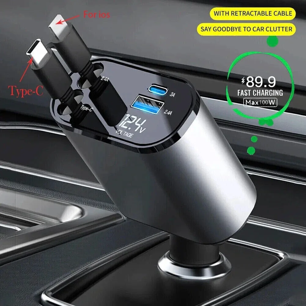 All-in-One Car Charger – 2 Retractable Cables + USB & Type-C Ports