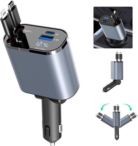 All-in-One Car Charger – 2 Retractable Cables + USB & Type-C Ports