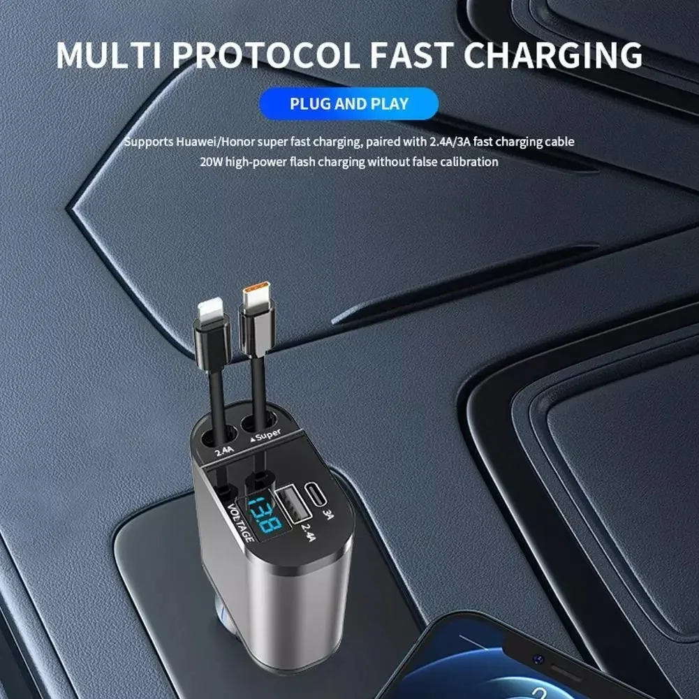 All-in-One Car Charger – 2 Retractable Cables + USB & Type-C Ports