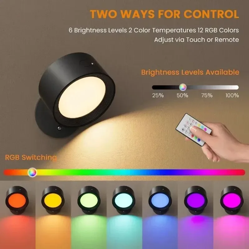 Rechargeable Magnetic LED Wall Light – 360° Rotating, Touch & Remote Control, USB Rechargeable