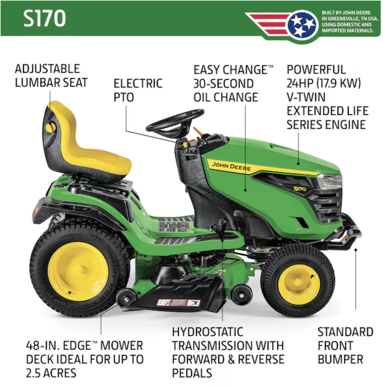 John Deere S170 48-in V-twin Gas Lawn tractor