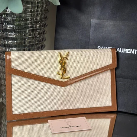 YSL Uptown Pouch Brown/Beige Canvas Gold Hardware