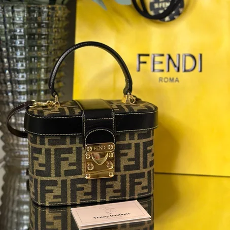 Fendi Brown Zucca Canvas Vanity Bag Top Handle Gold Hardware