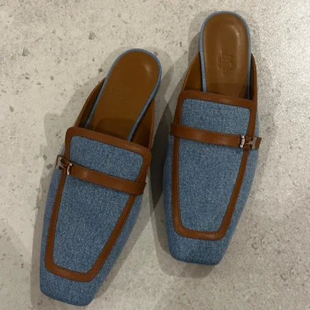 Hermes blue denim groupie mules
