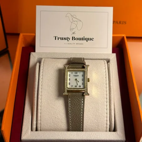 Hermes Etoupe leather Watch with zircon 25 mm