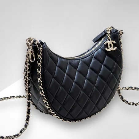 Chanel 23P Quilted Chain Around Hobo Bag Black Lambskin