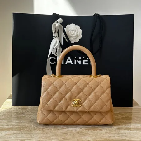 Chanel small beige caviar coco handle light gold hardware