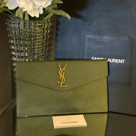 YSL UpTown Pouch Green Powdered Calfskin