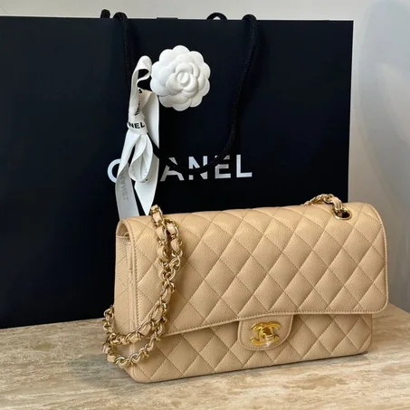 Chanel Medium Double Flap Beige Caviar Light Gold Hardware