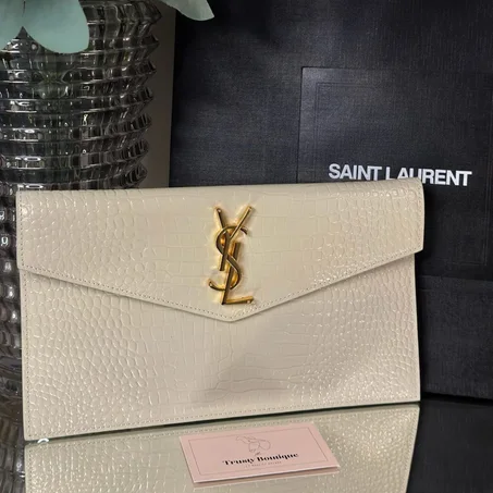 YSL Uptown Pouch Beige Croco Gold Hardware