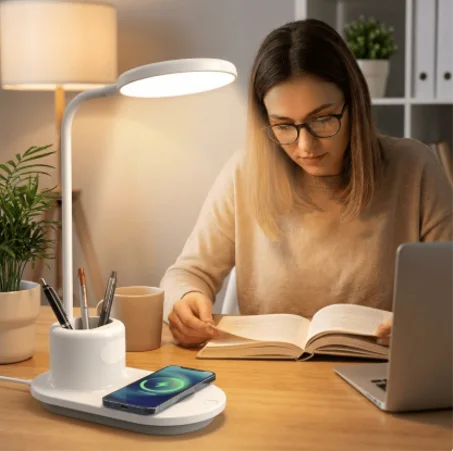 مصباح مكتبي LED ذكي متعدد الوظائف مع شحن لاسلكي وحامل أقلام