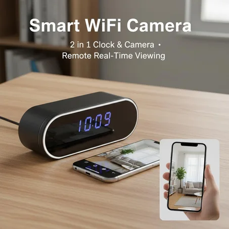 ساعة منبه ذكية مزودة بكاميرا مراقبة Wi-Fi مخفية