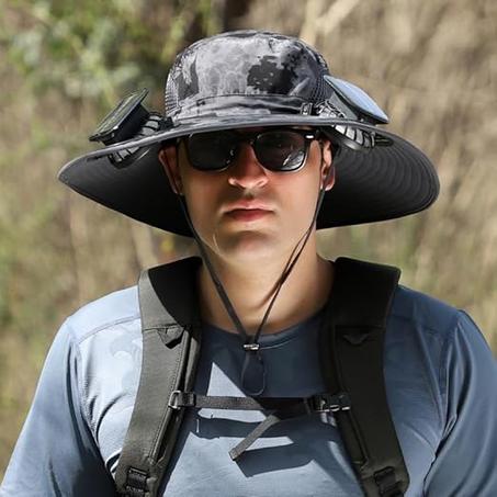 قبعة صيد خارجية ذات حافة عريضة تعمل بالطاقة الشمسية وشحن بالطاقة الشمسية وUSB