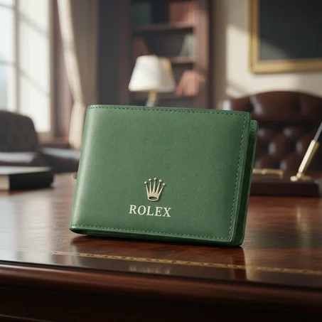 Portefeuille Rolex en cuir vert pliable.