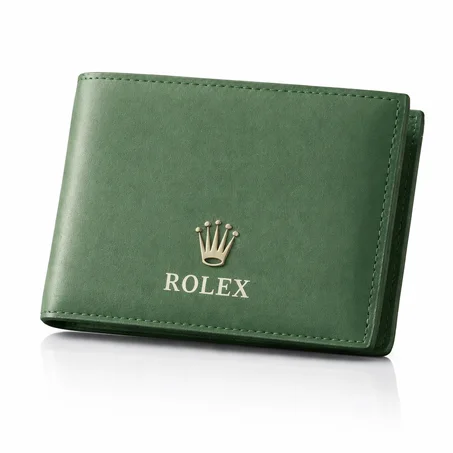 Portefeuille Rolex en cuir vert pliable.