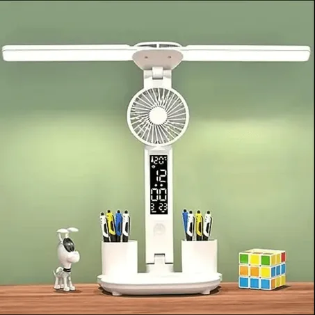 لمبة مكتب LED مزدوجة الرأس مع شاشة رقمية ومروحة