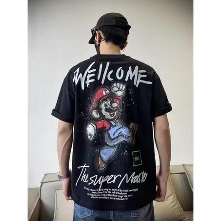 تيشرت الرجال ، فضفاضة القطن طباعة الكرتون ، بأكمام قصيرة ، جودة عالية