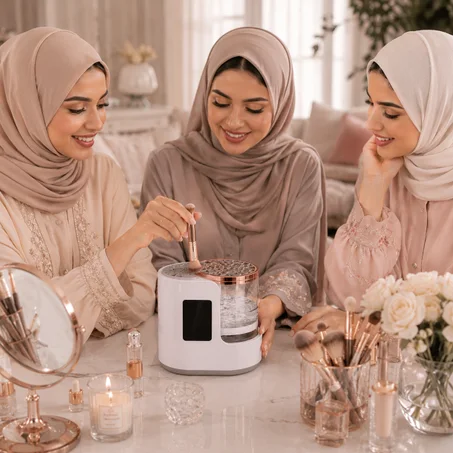 الة تنظيف فرش المكياج الكهربائية مع حامل مجفف - اداة تنظيف فرش مستحضرات التجميل الاوتوماتيكية المحمولة بمنفذ USB لجميع احجام مجموعة فرش المكياج وظلال العيون وفرشاة احمر الخدود (ابيض)