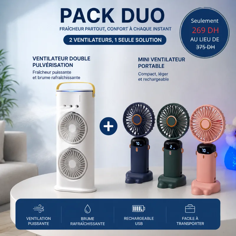 Pack mini Ventilateur portable + Ventilateur double spray